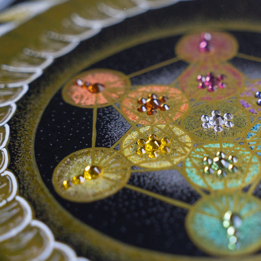 四方を守護する四神と龍が織りなす曼荼羅。神秘的なメタトロンキューブが中央に輝き、伝統と神聖幾何学の調和を表現した芸術作品。|Japan Satsuma