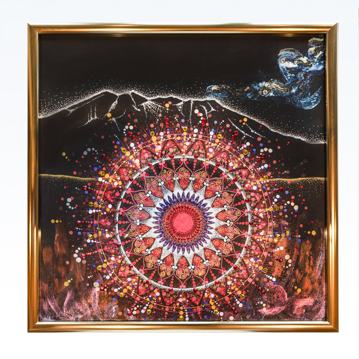活火山・桜島を力強く描いた曼荼羅アート。噴煙をあげる荒々しい姿から感じるエネルギーと情熱が表現されている。|Japan Satsuma