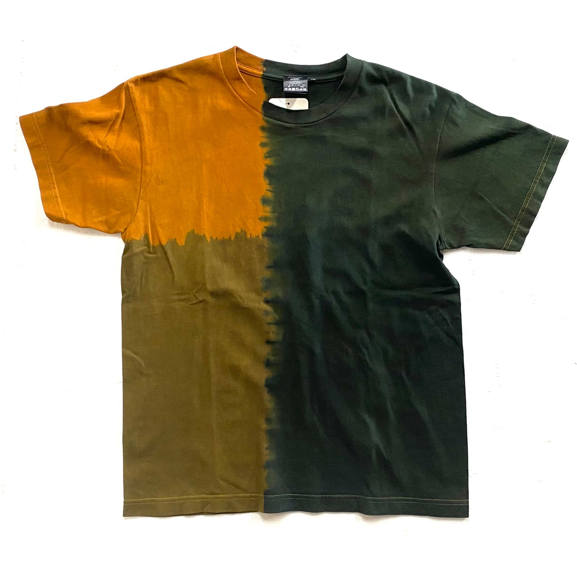 テーチ木染め、泥染め、藍染めを用いた四色コントラストの半そでTシャツ｜一点ごとに異なる色合いとパターンが特徴の個性的なデザイン（Sサイズ）｜Japan Satsuma